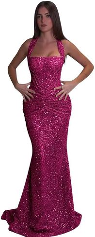 Women's Sequin Mermaid Prom Dress Halter Neck Ruched Formal Evening Gown Sparkly Floor Length Bridesmaid Dress KN129 in Saudi Arabia