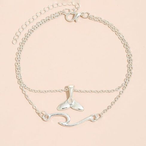 Double Layer Silver Whale Tail Anklet for Women, Wave Charm Design, Adjustable Beach Anklet in Kuwait