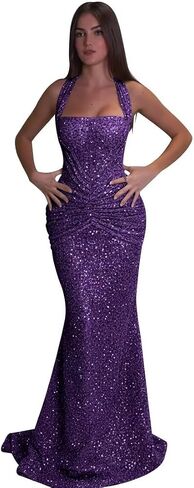 Women's Sequin Mermaid Prom Dress Halter Neck Ruched Formal Evening Gown Sparkly Floor Length Bridesmaid Dress KN129 in Kuwait