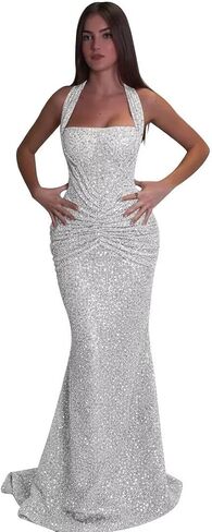 Women's Sequin Mermaid Prom Dress Halter Neck Ruched Formal Evening Gown Sparkly Floor Length Bridesmaid Dress KN129 in Kuwait