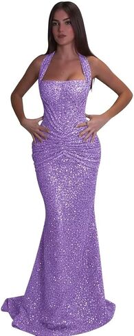 Women's Sequin Mermaid Prom Dress Halter Neck Ruched Formal Evening Gown Sparkly Floor Length Bridesmaid Dress KN129 in Kuwait
