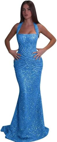 Women's Sequin Mermaid Prom Dress Halter Neck Ruched Formal Evening Gown Sparkly Floor Length Bridesmaid Dress KN129 in Kuwait