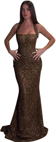 Women's Sequin Mermaid Prom Dress Halter Neck Ruched Formal Evening Gown Sparkly Floor Length Bridesmaid Dress KN129 in Kuwait