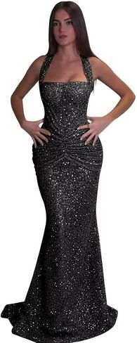 Women's Sequin Mermaid Prom Dress Halter Neck Ruched Formal Evening Gown Sparkly Floor Length Bridesmaid Dress KN129 in Kuwait