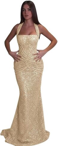 Women's Sequin Mermaid Prom Dress Halter Neck Ruched Formal Evening Gown Sparkly Floor Length Bridesmaid Dress KN129 in Kuwait
