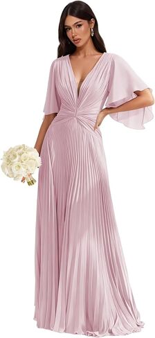 Pleated Chiffon Bridesmaid Dresses - Flutter Sleeves V-Neck Long Formal Gown A-Line Wedding Guest Dress for Women in Saudi Arabia