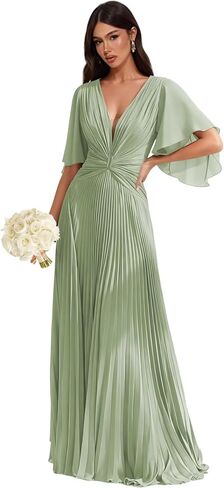 Pleated Chiffon Bridesmaid Dresses - Flutter Sleeves V-Neck Long Formal Gown A-Line Wedding Guest Dress for Women in Kuwait