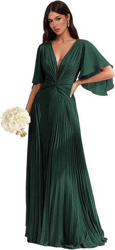 Pleated Chiffon Bridesmaid Dresses - Flutter Sleeves V-Neck Long Formal Gown A-Line Wedding Guest Dress for Women in Kuwait