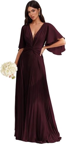Pleated Chiffon Bridesmaid Dresses - Flutter Sleeves V-Neck Long Formal Gown A-Line Wedding Guest Dress for Women in Kuwait