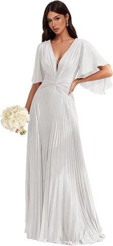 Pleated Chiffon Bridesmaid Dresses - Flutter Sleeves V-Neck Long Formal Gown A-Line Wedding Guest Dress for Women in Kuwait