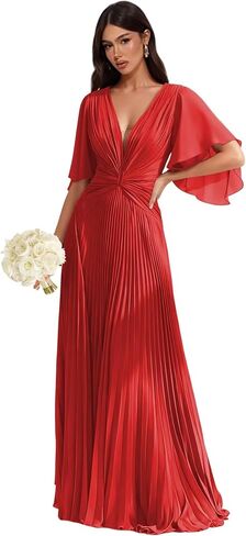 Pleated Chiffon Bridesmaid Dresses - Flutter Sleeves V-Neck Long Formal Gown A-Line Wedding Guest Dress for Women in Kuwait