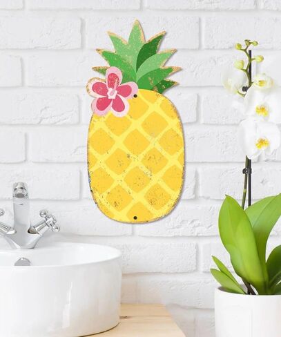 Putuo Decor Pineapple Metal Wall Decor, 13.78" x 6.64" Summer Tin Wall Sign, Tropical Fruit Hanging Art for Beach House Patio Porch Garden Pool Tiki Bar Summer Home Decor in Kuwait