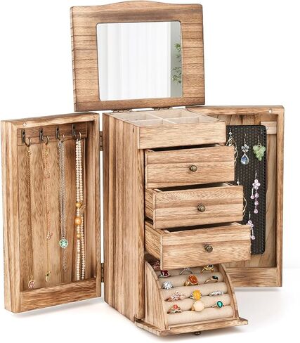 Meangood Jewelry Box Jewelry Organizer, 5-Layer Wooden Jewelry Organizers and Storage Boxes for Women Girls, Ring Earring Bracelet Necklace Holder Organizer with Mirror & Drawers (Carbonized Black) in Saudi Arabia