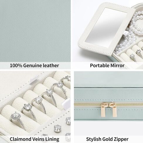 Genuine Leather Travel Jewelry Organizer Case Box with Mirror for Women, Small Mini Portable Jewelry Box for Ring Earrings Necklace Bracelet Luxury Gift for Women（Dark Green） in Saudi Arabia