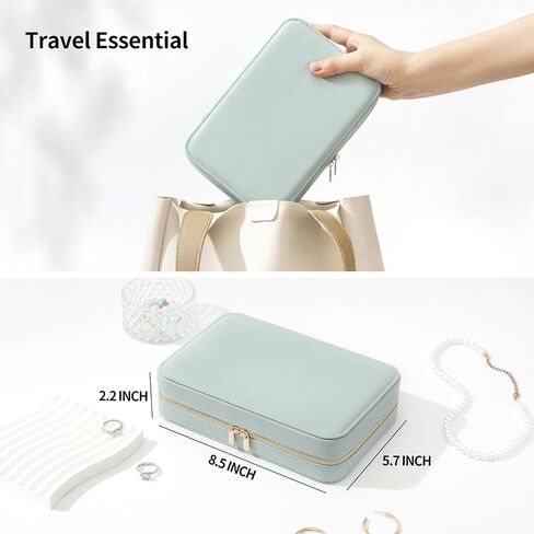 Genuine Leather Travel Jewelry Organizer Case Box with Mirror for Women, Small Mini Portable Jewelry Box for Ring Earrings Necklace Bracelet Luxury Gift for Women（Dark Green） in Saudi Arabia