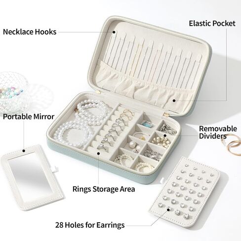 Genuine Leather Travel Jewelry Organizer Case Box with Mirror for Women, Small Mini Portable Jewelry Box for Ring Earrings Necklace Bracelet Luxury Gift for Women（Dark Green） in Saudi Arabia
