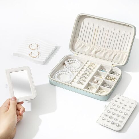 Genuine Leather Travel Jewelry Organizer Case Box with Mirror for Women, Small Mini Portable Jewelry Box for Ring Earrings Necklace Bracelet Luxury Gift for Women（Dark Green） in Saudi Arabia
