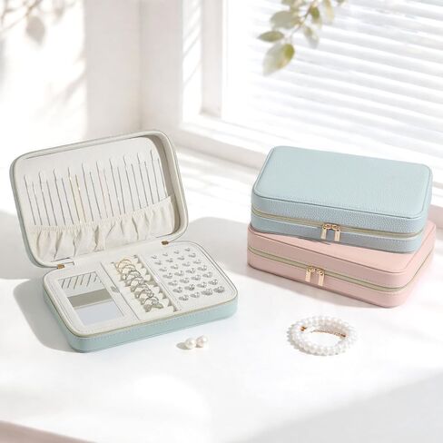 Genuine Leather Travel Jewelry Organizer Case Box with Mirror for Women, Small Mini Portable Jewelry Box for Ring Earrings Necklace Bracelet Luxury Gift for Women（Dark Green） in Saudi Arabia