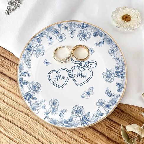 Mr and Mrs Ring Dish Engagement Wedding Ring Holder Blue Floral Jewelry Dish Tray Elegant Engagement Wedding Gifts for Couples Bridal Shower Gifts Bachelorette Gift for Bride Newlyweds in Saudi Arabia