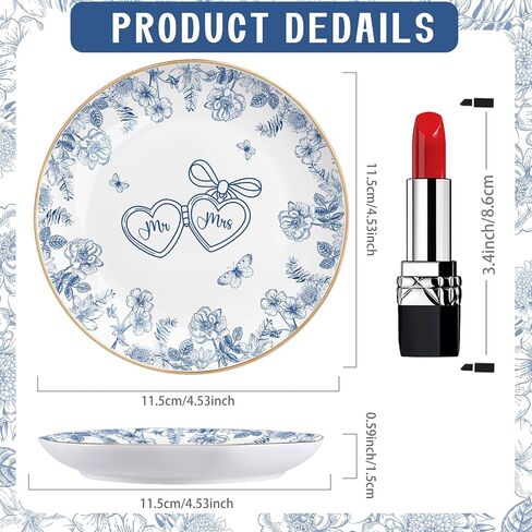 Mr and Mrs Ring Dish Engagement Wedding Ring Holder Blue Floral Jewelry Dish Tray Elegant Engagement Wedding Gifts for Couples Bridal Shower Gifts Bachelorette Gift for Bride Newlyweds in Saudi Arabia