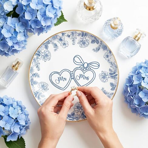 Mr and Mrs Ring Dish Engagement Wedding Ring Holder Blue Floral Jewelry Dish Tray Elegant Engagement Wedding Gifts for Couples Bridal Shower Gifts Bachelorette Gift for Bride Newlyweds in Saudi Arabia