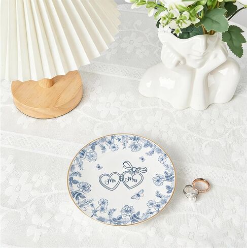 Mr and Mrs Ring Dish Engagement Wedding Ring Holder Blue Floral Jewelry Dish Tray Elegant Engagement Wedding Gifts for Couples Bridal Shower Gifts Bachelorette Gift for Bride Newlyweds in Saudi Arabia