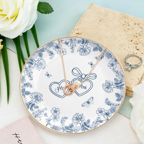 Mr and Mrs Ring Dish Engagement Wedding Ring Holder Blue Floral Jewelry Dish Tray Elegant Engagement Wedding Gifts for Couples Bridal Shower Gifts Bachelorette Gift for Bride Newlyweds in Saudi Arabia