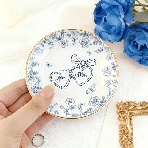 Mr and Mrs Ring Dish Engagement Wedding Ring Holder Blue Floral Jewelry Dish Tray Elegant Engagement Wedding Gifts for Couples Bridal Shower Gifts Bachelorette Gift for Bride Newlyweds in Saudi Arabia
