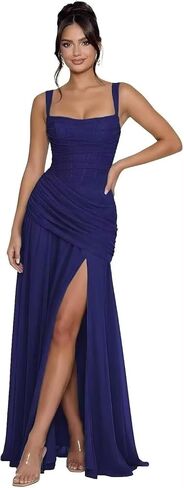 Square Neck Pleated Bridesmaid Dresses with Slit Spaghetti Straps Chiffon Ruched Evening Formal Prom Gowns in Saudi Arabia
