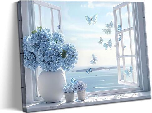 Coastal Flower Bathroom Canvas Wall Art Blue Hydrangea Floral Vase Butterfly Window Wall Decor Picture Seascape Beach Aesthetic Poster Print for Living Room Bedroom Bathroom Home Decoration 12x16in in Saudi Arabia