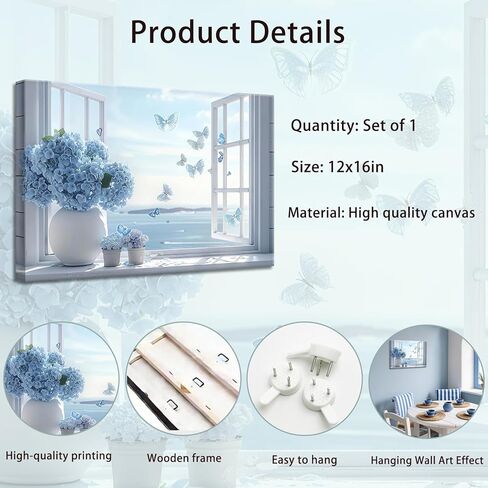 Coastal Flower Bathroom Canvas Wall Art Blue Hydrangea Floral Vase Butterfly Window Wall Decor Picture Seascape Beach Aesthetic Poster Print for Living Room Bedroom Bathroom Home Decoration 12x16in in Saudi Arabia