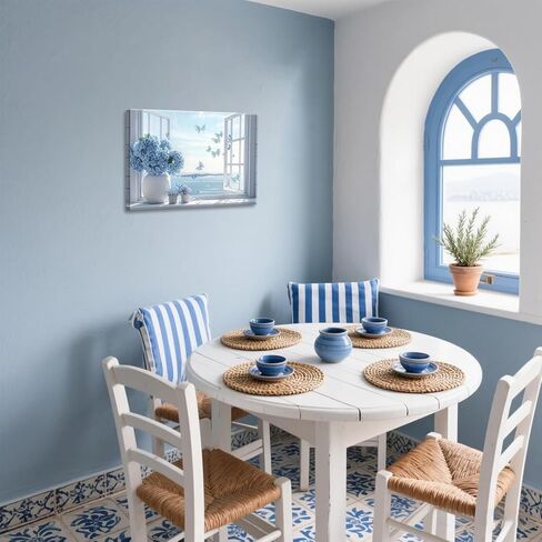 Coastal Flower Bathroom Canvas Wall Art Blue Hydrangea Floral Vase Butterfly Window Wall Decor Picture Seascape Beach Aesthetic Poster Print for Living Room Bedroom Bathroom Home Decoration 12x16in in Saudi Arabia