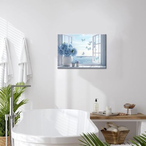 Coastal Flower Bathroom Canvas Wall Art Blue Hydrangea Floral Vase Butterfly Window Wall Decor Picture Seascape Beach Aesthetic Poster Print for Living Room Bedroom Bathroom Home Decoration 12x16in in Saudi Arabia