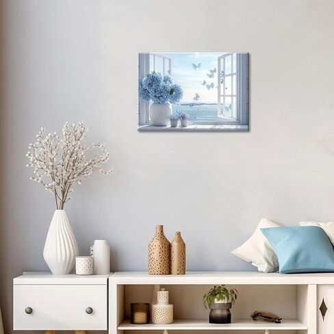 Coastal Flower Bathroom Canvas Wall Art Blue Hydrangea Floral Vase Butterfly Window Wall Decor Picture Seascape Beach Aesthetic Poster Print for Living Room Bedroom Bathroom Home Decoration 12x16in in Saudi Arabia