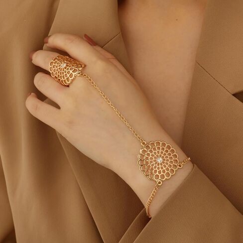AIBFRID Gold Hand Chain Bracelet Ring for Women, Boho Finger Bracelet with Adjustable Chain, Floral Filigree Hand Jewelry, Beach Wedding Party Accessories Gift for Women in Saudi Arabia