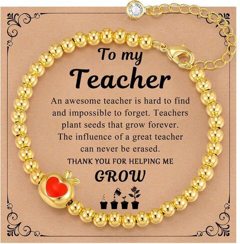 Teacher Appreciation Gifts for Women - 14K Gold Plated Beaded Bracelets,Non Tarnish Adjustable Golden Cute Apple Teacher Bracelet with Message Card,Meaningful Thank You Gift for Teacher from Student in Saudi Arabia