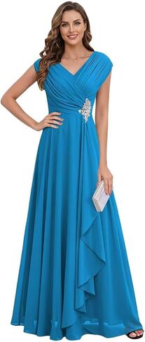Chiffon Cap Sleeve Mother of The Bride Dresses Long for Women A-Line Pleated V-Neck Wedding Guest Dress in Kuwait