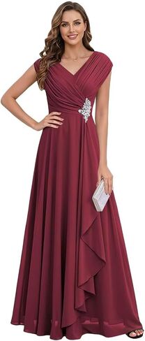 Chiffon Cap Sleeve Mother of The Bride Dresses Long for Women A-Line Pleated V-Neck Wedding Guest Dress in Kuwait