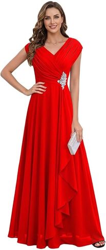 Chiffon Cap Sleeve Mother of The Bride Dresses Long for Women A-Line Pleated V-Neck Wedding Guest Dress in Kuwait