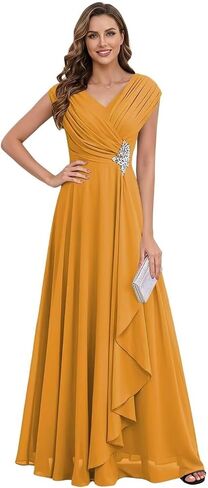 Chiffon Cap Sleeve Mother of The Bride Dresses Long for Women A-Line Pleated V-Neck Wedding Guest Dress in Kuwait