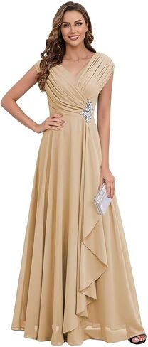 Chiffon Cap Sleeve Mother of The Bride Dresses Long for Women A-Line Pleated V-Neck Wedding Guest Dress in Kuwait