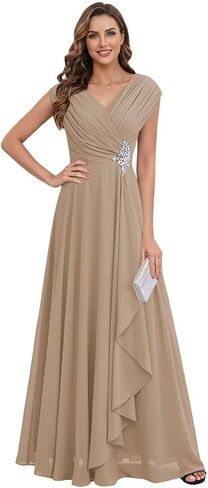 Chiffon Cap Sleeve Mother of The Bride Dresses Long for Women A-Line Pleated V-Neck Wedding Guest Dress in Kuwait