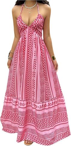 OYOANGLE Women's Summer Boho Maxi Dress Printed Flowy Halter Dress Sleeveless Tie Backless Beach Vacation Sundress in Saudi Arabia