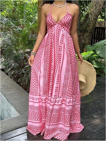 OYOANGLE Women's Summer Boho Maxi Dress Printed Flowy Halter Dress Sleeveless Tie Backless Beach Vacation Sundress in Saudi Arabia