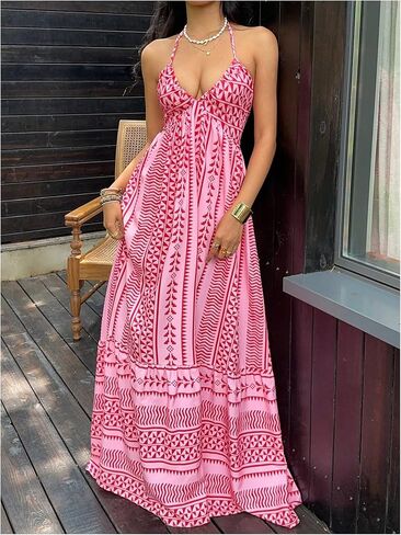 OYOANGLE Women's Summer Boho Maxi Dress Printed Flowy Halter Dress Sleeveless Tie Backless Beach Vacation Sundress in Saudi Arabia