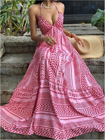 OYOANGLE Women's Summer Boho Maxi Dress Printed Flowy Halter Dress Sleeveless Tie Backless Beach Vacation Sundress in Saudi Arabia