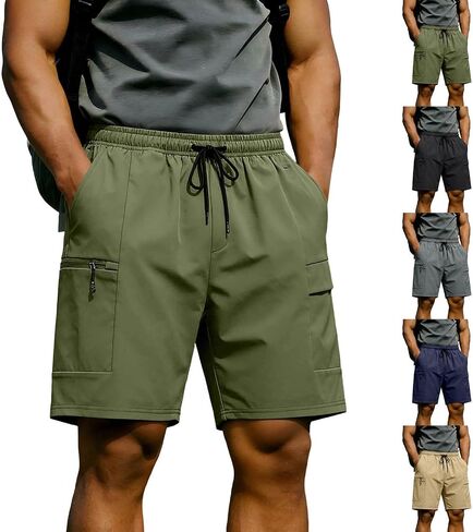 Mens Running Workout Shorts 2026 Summer Cargo Shorts Zipper Pockets Lightweight Elastic Waist Drawstring Active Short in Kuwait