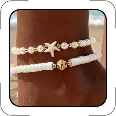 Gold Anklets Bracelets for Women Waterproof Layered Beaded Anklet Bracelets Set Boho Pearl Starfish Shell Anklet Bracelet Stacked Turquoise Anklets Bracelet Summer Beach Foot Jewelry Gift for Women in Saudi Arabia