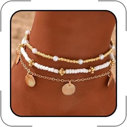 Gold Anklets Bracelets for Women Waterproof Layered Beaded Anklet Bracelets Set Boho Pearl Starfish Shell Anklet Bracelet Stacked Turquoise Anklets Bracelet Summer Beach Foot Jewelry Gift for Women in Saudi Arabia