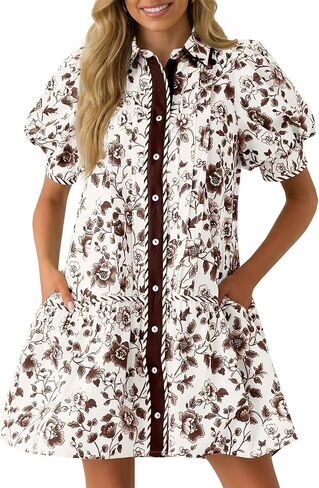 Wenrine Womens Mini Dress Summer Casual Short Puff Sleeve Floral Collared V Neck Loose Button Down Shirt Dress with Pockets in Kuwait